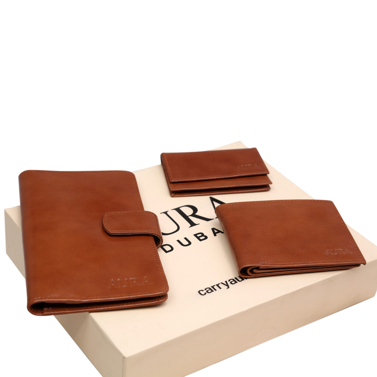 AURA 3-Piece Genuine Leather Wallet Gift Set – Brown