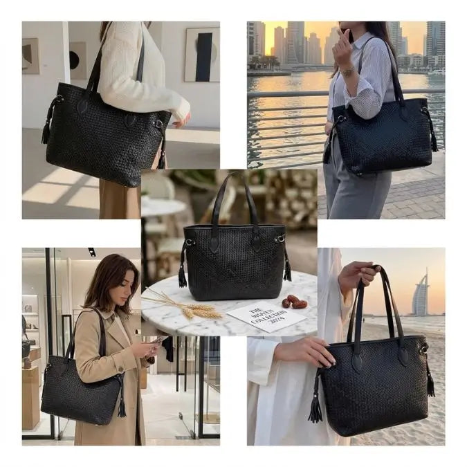 Amara Woven Leather Tote styling