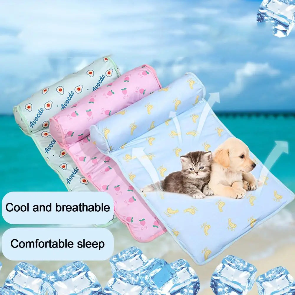 Summer Cooling Pet Bed Mat with Pillow - Ice Silk Blanket for Dogs & Cats | Cool, Comfortable Sleeping Mattress