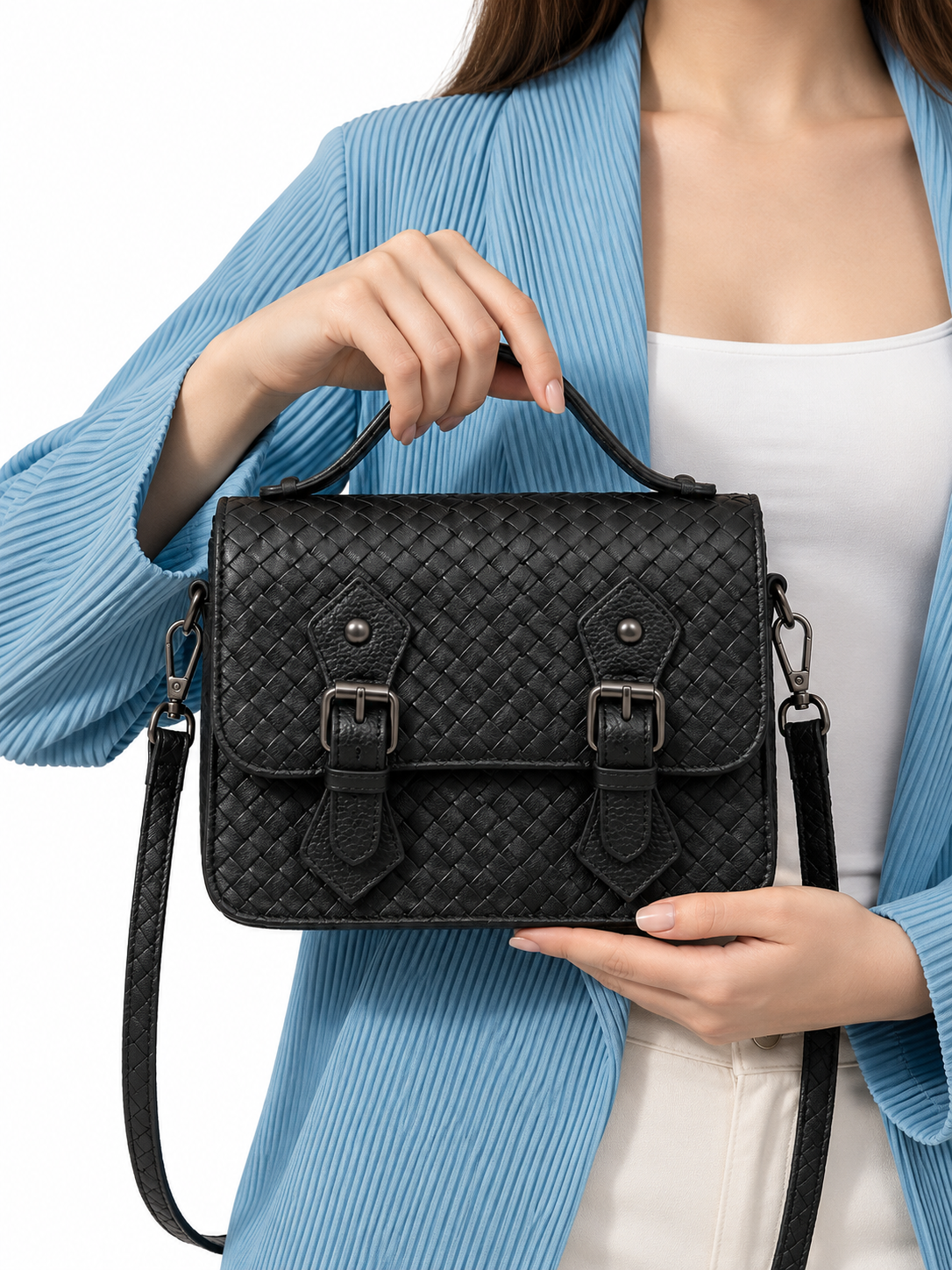 Siena Woven Leather Crossbody – Black